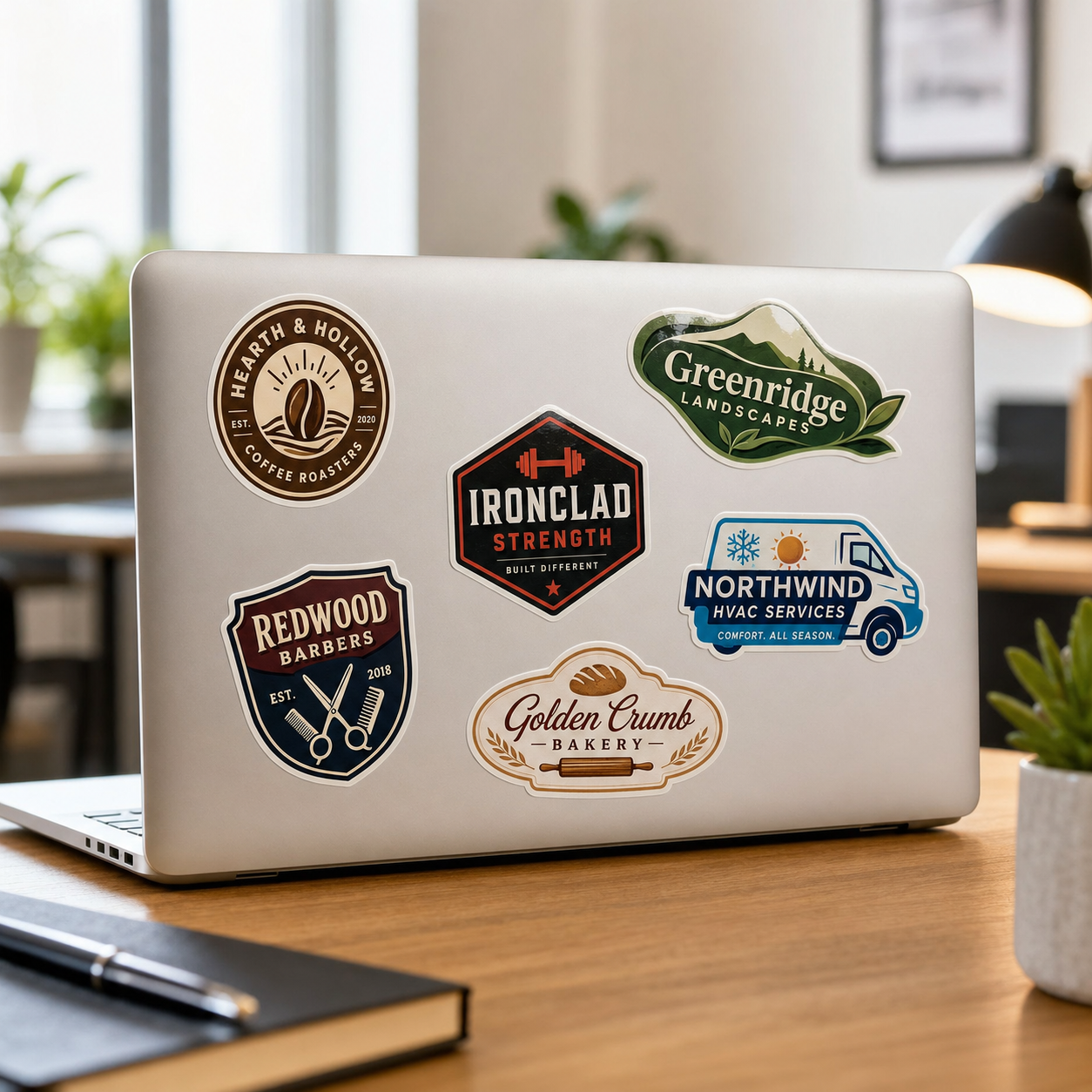 Die-cut business logo stickers applied to laptop