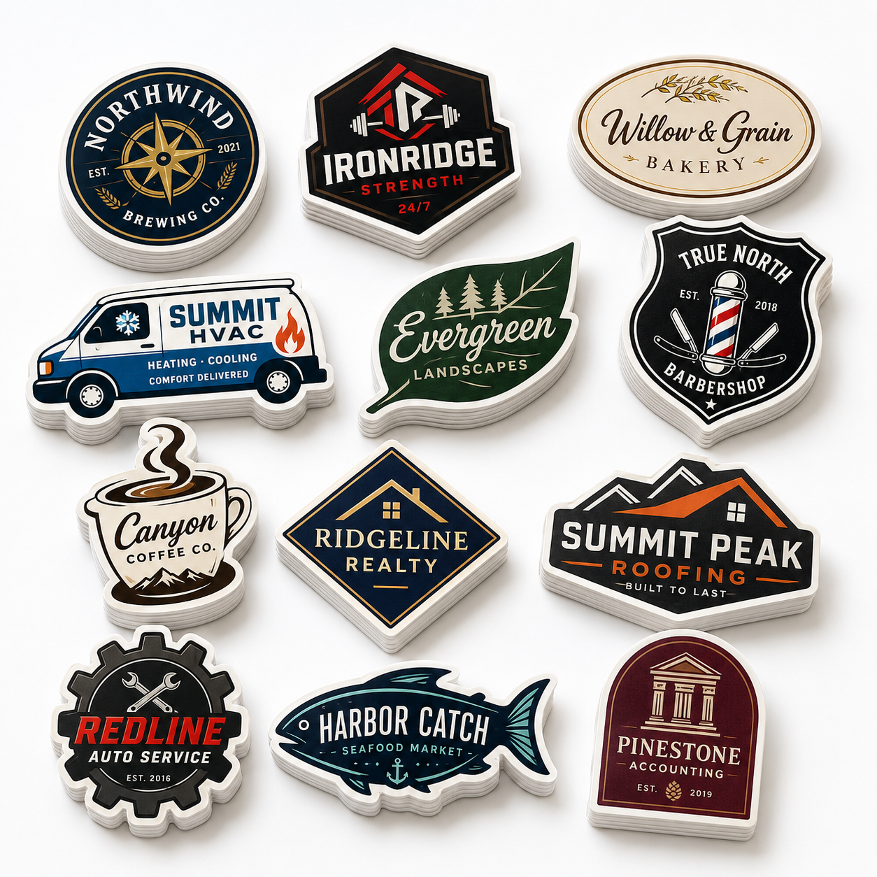 Variety of custom die-cut sticker shapes and business logos