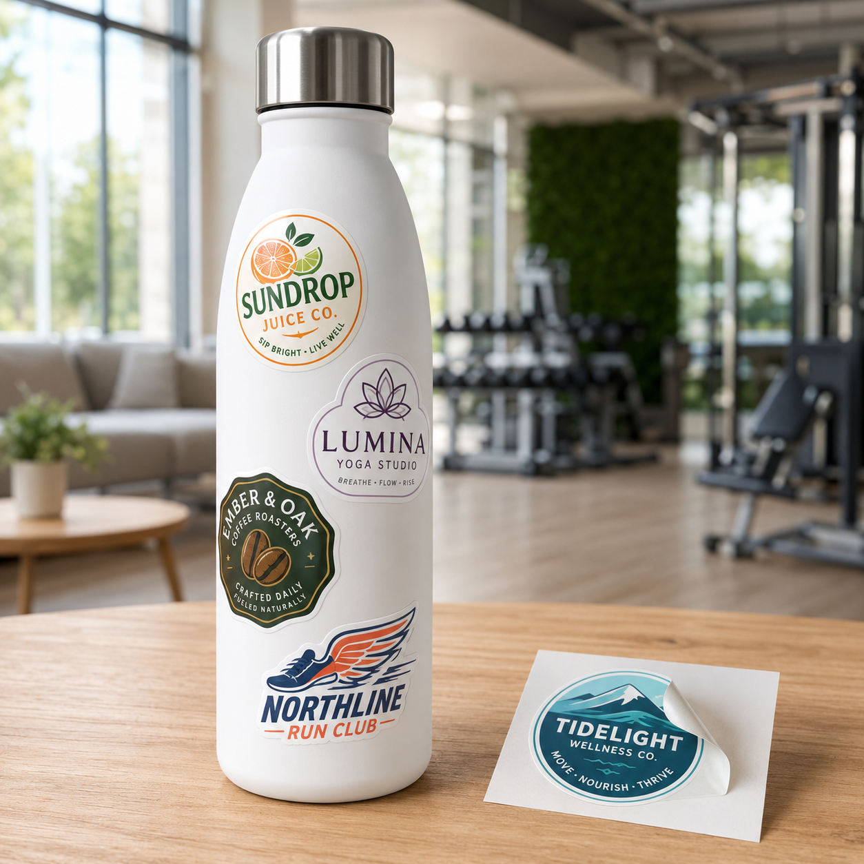 Kiss-cut business logo stickers on water bottle