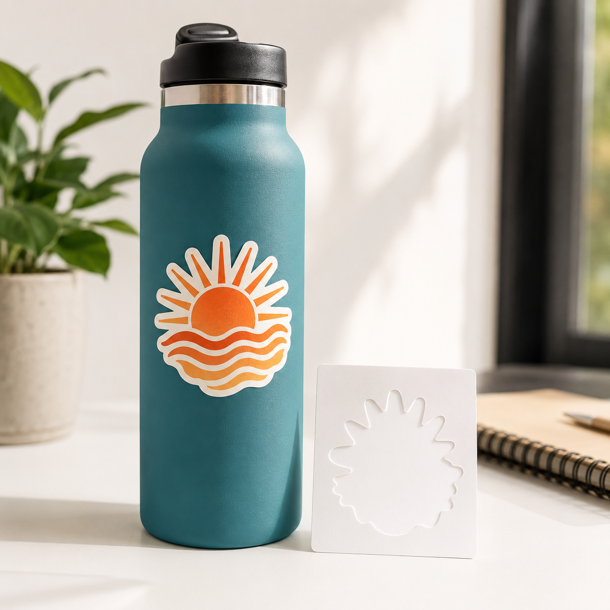 Kiss-cut sticker applied to water bottle beside its empty backing sheet